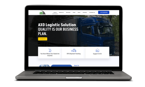 Ecran laptop arătând site logistic.