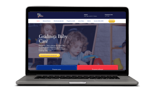 Pagina principală Grădinița Baby Care pe un laptop.