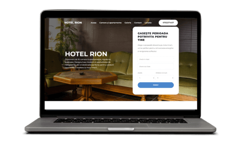 Pagina principală a Hotelului Rion afișată pe laptop